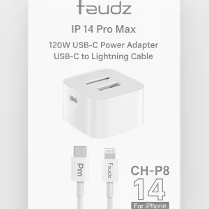 Buy the Feudz 120W USB-C Power Adapter with USB-C to Lightning Cable for iPhone 14 Pro Max. Fast charging, compact design, and smart safety features – perfect for Apple users.
