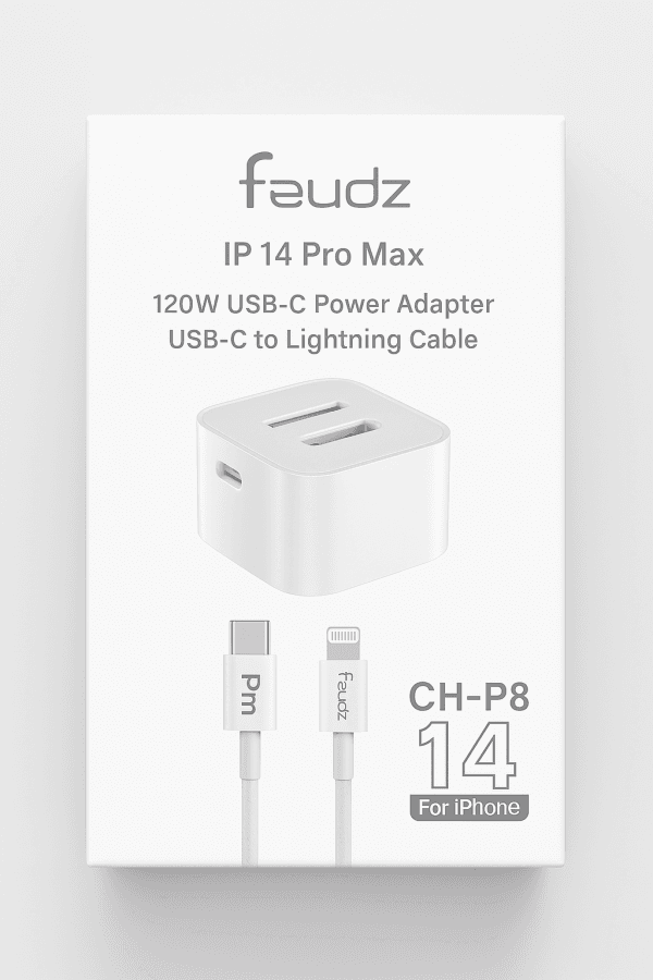 Buy the Feudz 120W USB-C Power Adapter with USB-C to Lightning Cable for iPhone 14 Pro Max. Fast charging, compact design, and smart safety features – perfect for Apple users.