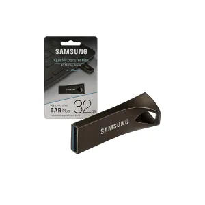 Buy the Samsung BAR Plus 32GB USB 3.1 Flash Drive. Fast 200MB/s transfer speed, sleek metal design, and durable waterproof build. Ideal for files, photos & media.
