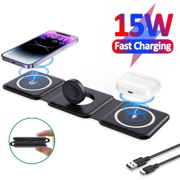3 in 1 Fast Wireless Charger Foldable for iPhone, Airpods and iWatch