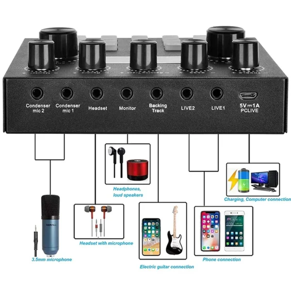 Live Streaming Broadcasting V8S Sound Card with 10 Sound Effects,3 Inputs, Mic Input - Image 16