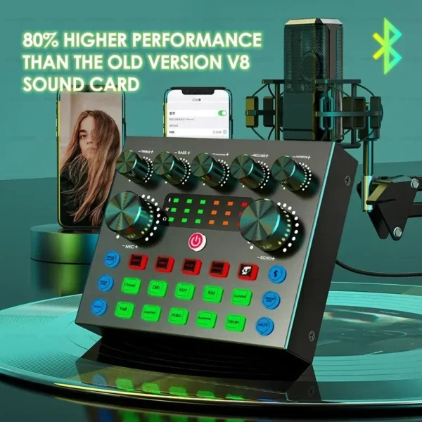 Live Streaming Broadcasting V8S Sound Card with 10 Sound Effects,3 Inputs, Mic Input