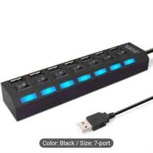 Alternative view of 1pc High-Speed USB 2.0 Hub with Independent Switches, 4 & 7 Ports - Ideal for USB Drives, External Hard Drives, Keyboards, Mice & Multi-Device